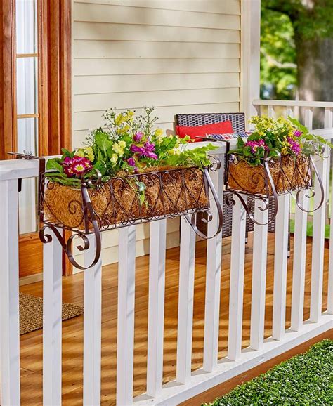 flower box brackets on metal railing|porch railing flower boxes outdoor.